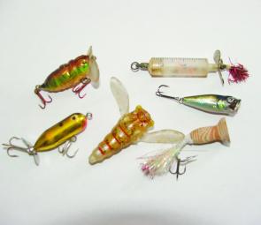 A selection of surface lures for bream and whiting. Anticlockwise from top left, Heddon Tiny Torpedo, Kokoda Bat, home-made thong popper, River 2 Sea Bubble Pop and the ‘secret’ home-made whiting fizzer that has been slaughtering them for 20 years –a syri